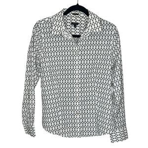 Talbots White Wrinkle Resistant Button-Up Brown Blouse Ring Print Workwear 10